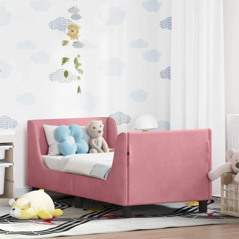 vidaXL Sängram för småbarn med huvudgavel 70 x 140 cm Sammet Rosa
