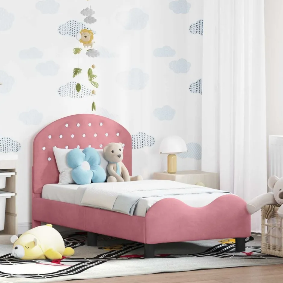 Discount vidaXL Sängram för småbarn med huvudgavel 70 x 140 cm Sammet Rosa