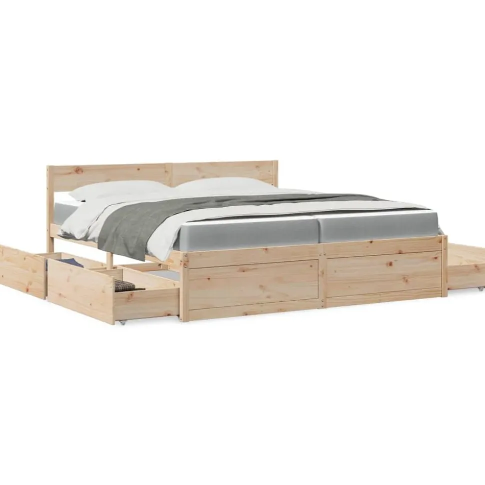 vidaXL Sängram med lådor och madrass 200x200 cm massiv furu