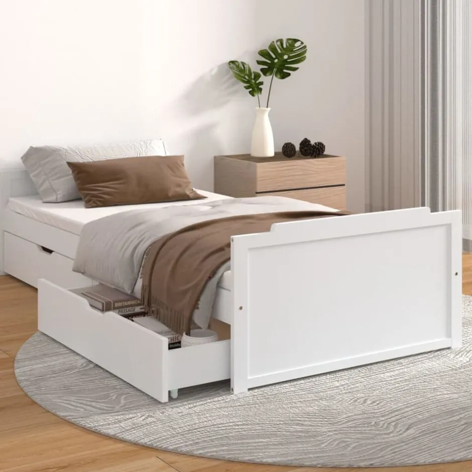 vidaXL Sängram med lådor massiv furu 90x200 cm Vit