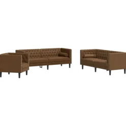 Best vidaXL Soffgrupp chesterfield 3 delar bolsterkuddar konstmocka Brun
