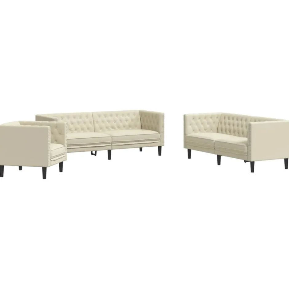 Clearance vidaXL Soffgrupp chesterfield 3 delar gräddvit konstläder Kräm