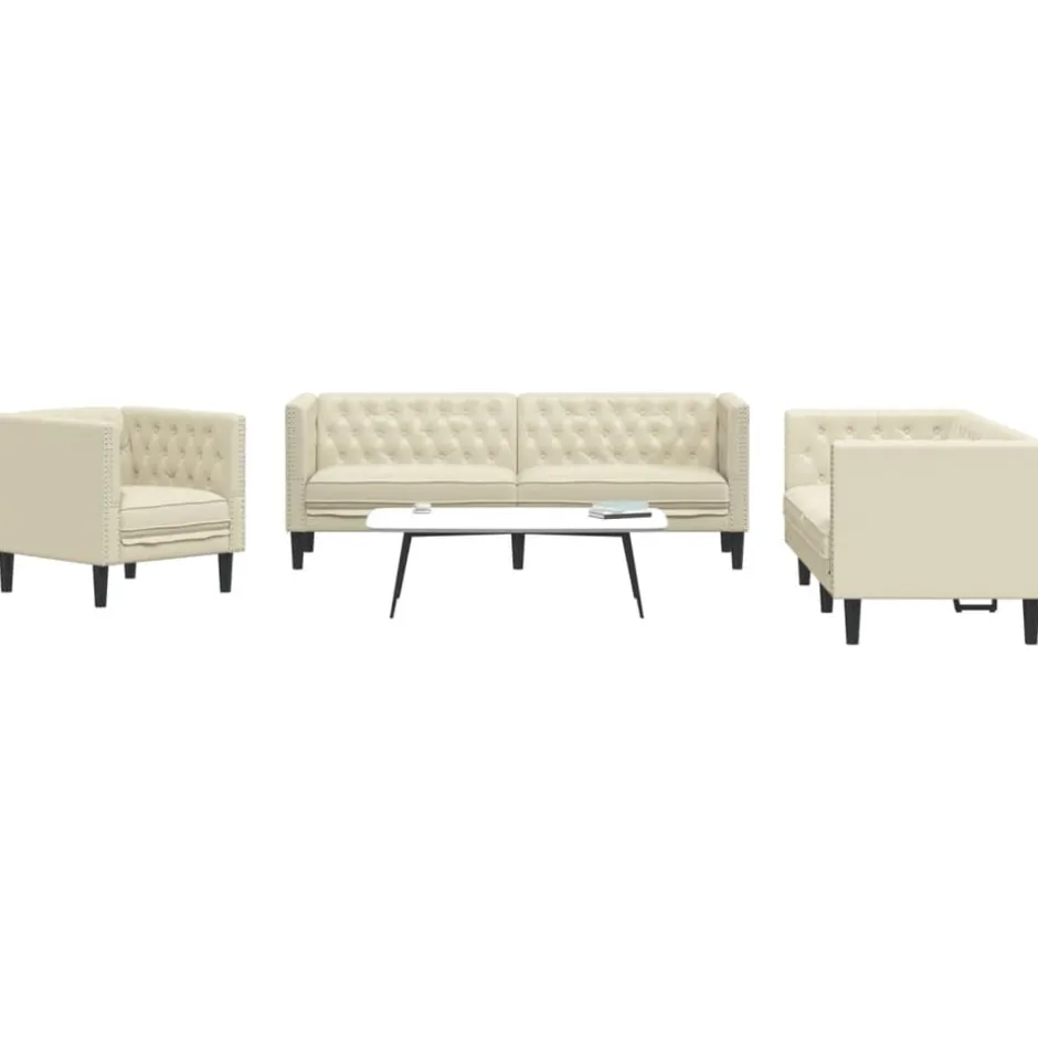 Clearance vidaXL Soffgrupp chesterfield 3 delar gräddvit konstläder Kräm