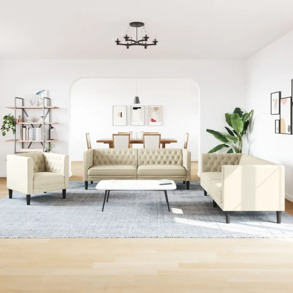 Clearance vidaXL Soffgrupp chesterfield 3 delar gräddvit konstläder Kräm