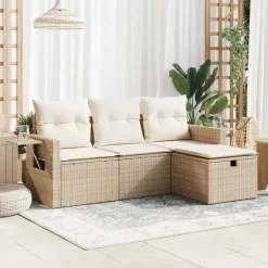Hot vidaXL Soffgrupp för trädgård med dynor 4 delar beige konstrotting beige och gräddvit
