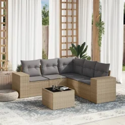 Clearance vidaXL Soffgrupp för trädgården med dynor 6 delar beige konstrotting beige och grå