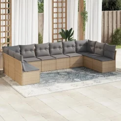 vidaXL Soffgrupp för trädgård med dynor 10 delar beige konstrotting