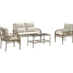 vidaXL Soffgrupp för trädgård med dynor 4 delar beige konstrotting