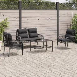 vidaXL Soffgrupp för trädgård med dynor 4 delar svart konstrotting