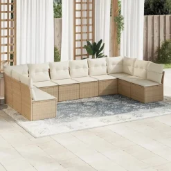 vidaXL Soffgrupp för trädgård med dynor 10 delar beige konstrotting