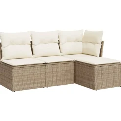 Best vidaXL Soffgrupp för trädgård med dynor 4 delar beige konstrotting beige och gräddvit