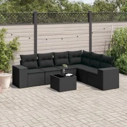 vidaXL Soffgrupp för trädgården med dynor 7 delar svart konstrotting