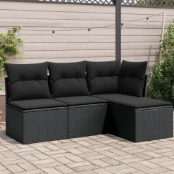 Best vidaXL Soffgrupp för trädgård med dynor 4 delar konstrotting Svart
