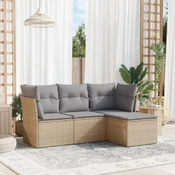 Online vidaXL Soffgrupp för trädgård med dynor 4 delar beige konstrotting beige och grå