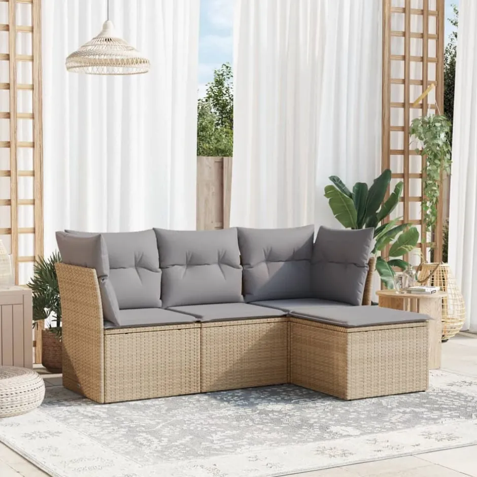 Online vidaXL Soffgrupp för trädgård med dynor 4 delar beige konstrotting beige och grå