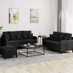 vidaXL Soffgrupp med dynor 3 delar svart sammet