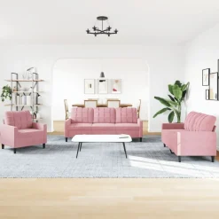 vidaXL Soffgrupp med dynor och bolster 3 delar rosa sammet