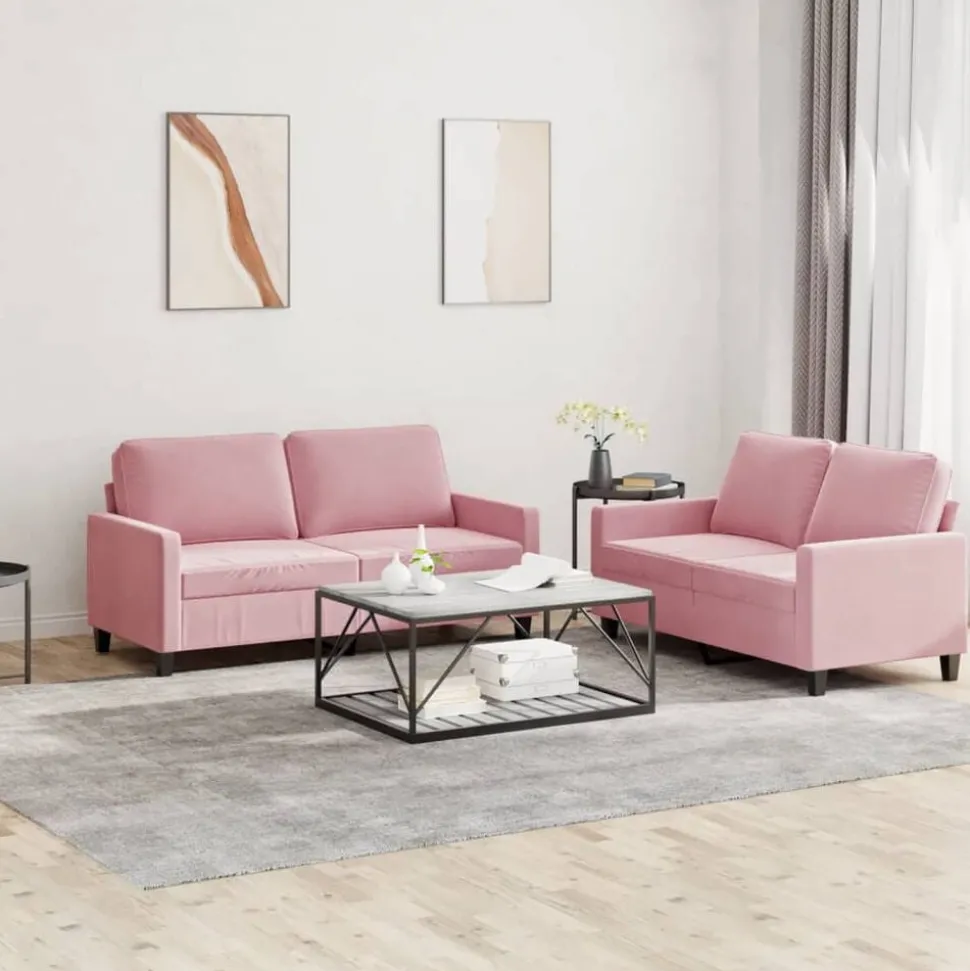 vidaXL Soffgrupp med dynor 2 delar rosa sammet