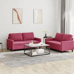 Best vidaXL Soffgrupp med dynor 2 delar sammet Vinröd