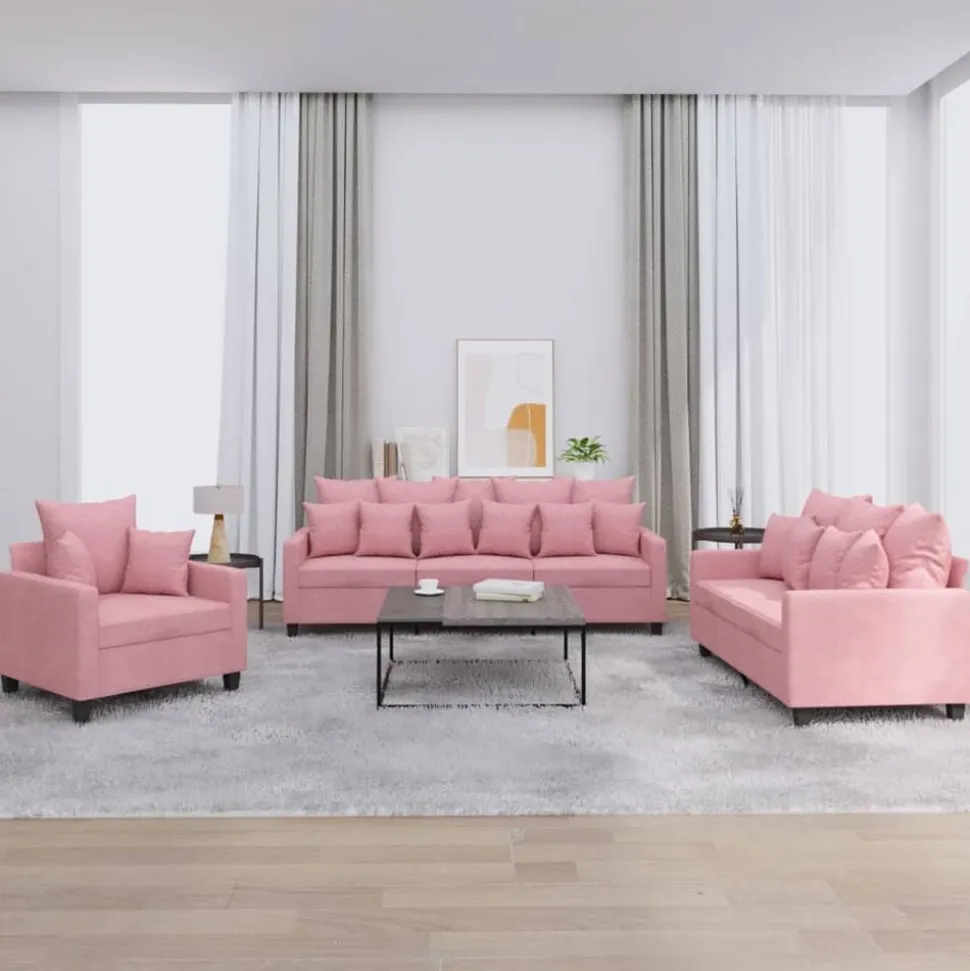 vidaXL Soffgrupp med dynor 3 delar rosa sammet