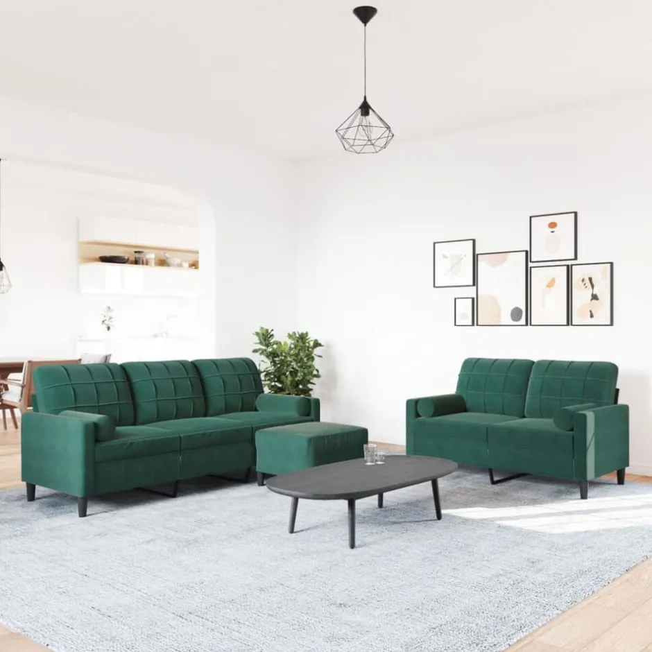 Online vidaXL Soffgrupp med dynor och bolster 3 delar sammet Mörkgrön