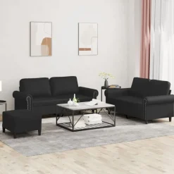 vidaXL Soffgrupp med dynor 3 delar svart konstläder