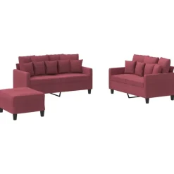 New vidaXL Soffgrupp med dynor 3 delar tyg Vinröd