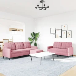 vidaXL Soffgrupp med dynor 3 delar rosa sammet