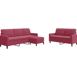 New vidaXL Soffgrupp med dynor 3 delar sammet Vinröd