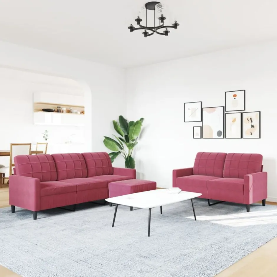 New vidaXL Soffgrupp med dynor 3 delar sammet Vinröd