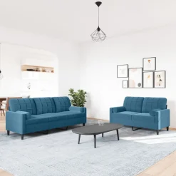 vidaXL Soffgrupp med dynor och bolster 2 delar blå sammet