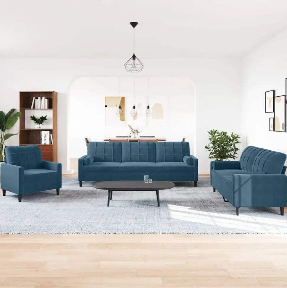 vidaXL Soffgrupp med dynor och bolster 3 delar blå sammet