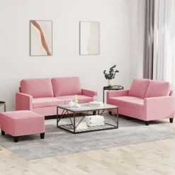 Best vidaXL Soffgrupp med dynor 3 delar sammet Rosa