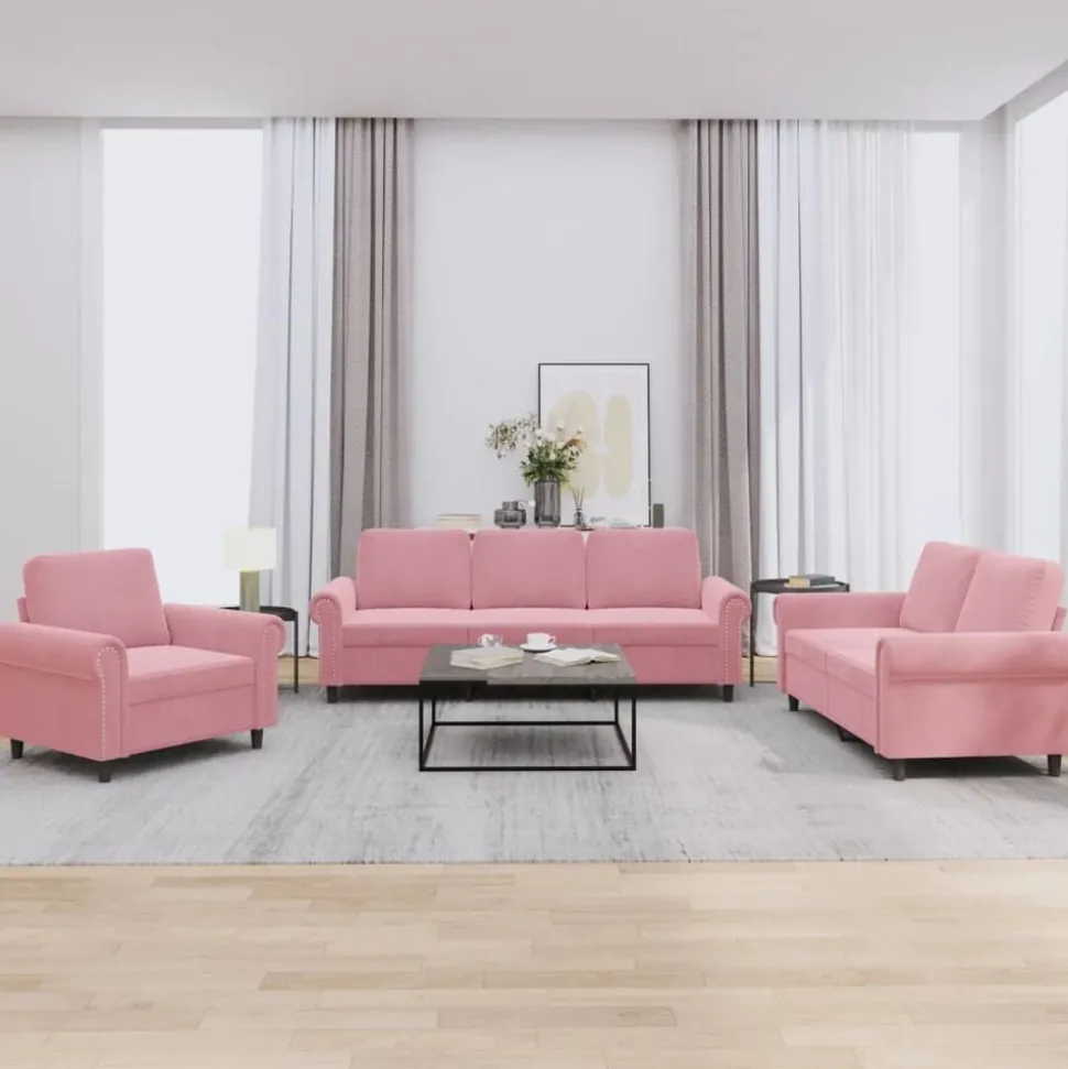 vidaXL Soffgrupp med dynor 3 delar rosa sammet