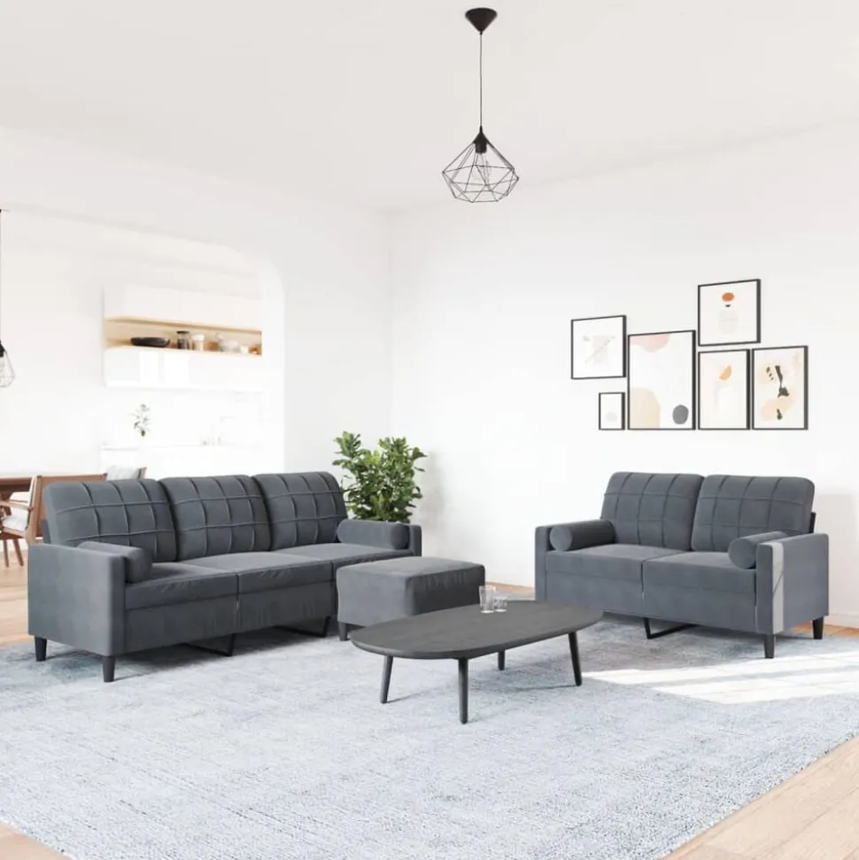 vidaXL Soffgrupp med dynor och bolster 3 delar mörkgrå sammet