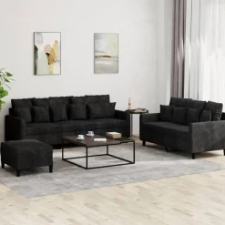 vidaXL Soffgrupp med dynor 3 delar svart sammet