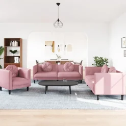 Best vidaXL Soffgrupp med dynor 3 delar sammet Rosa