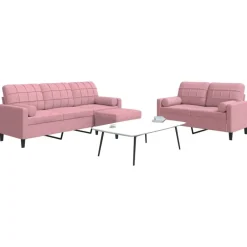 Best vidaXL Soffgrupp med dynor och bolster 3 delar sammet Rosa
