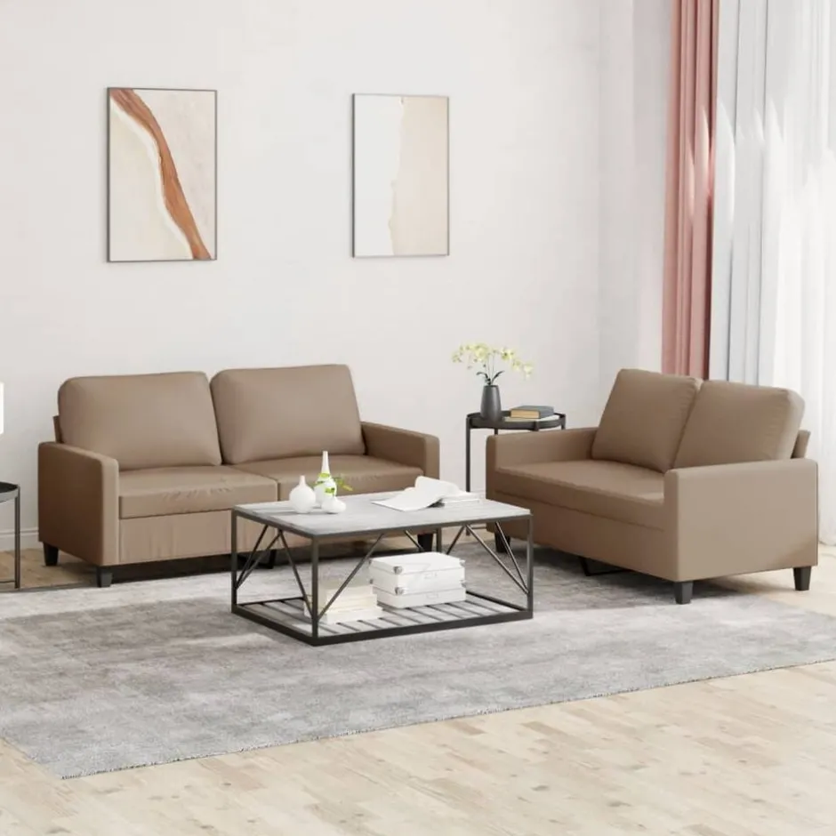 Outlet vidaXL Soffgrupp med dynor 2 delar konstläder Cappuccino