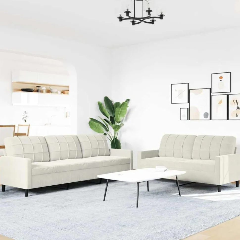 vidaXL Soffgrupp med dynor 2 delar gräddvit sammet