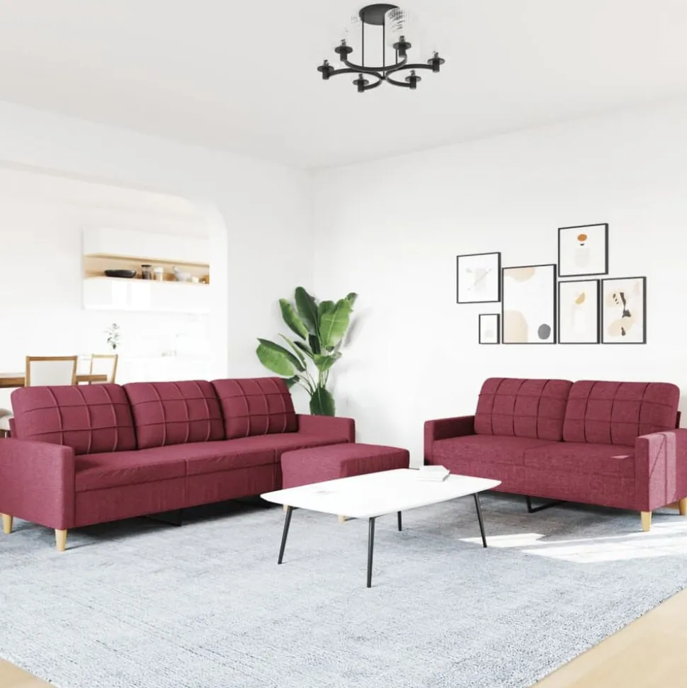 vidaXL Soffgrupp med fotpall 3 delar vinröd tyg