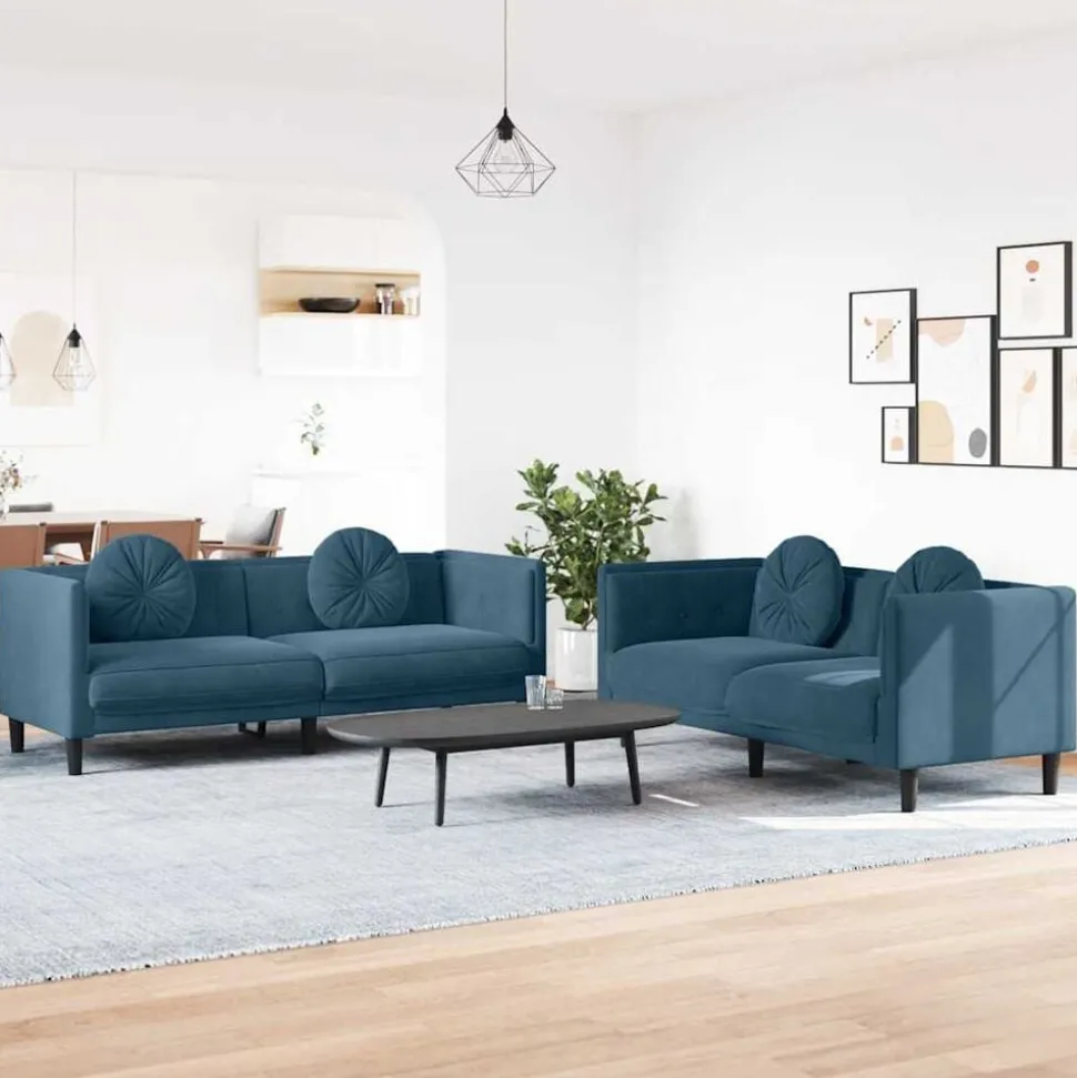 vidaXL Soffgrupp med kuddar 2 delar blå sammet