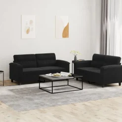 vidaXL Soffgrupp med kuddar 2 delar svart mikrofibertyg