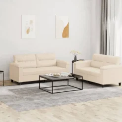 vidaXL Soffgrupp med kuddar 2 delar beige mikrofibertyg