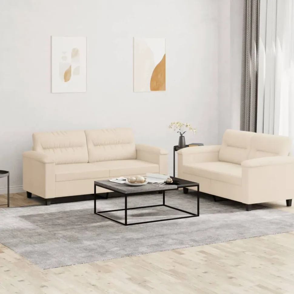 vidaXL Soffgrupp med kuddar 2 delar beige mikrofibertyg