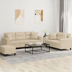 Outlet vidaXL Soffgrupp med kuddar 3 delar Gräddvit mikrofibertyg Kräm