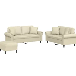 Outlet vidaXL Soffgrupp med kuddar 3 delar gräddvit konstläder Kräm