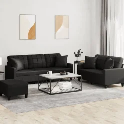 New vidaXL Soffgrupp med kuddar 3 delar konstläder Svart