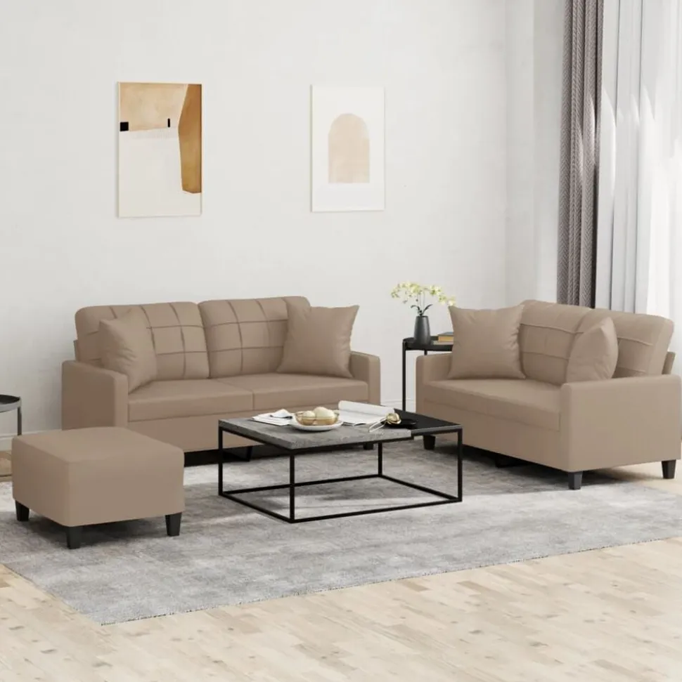 vidaXL Soffgrupp med kuddar 3 delar cappuccino konstläder
