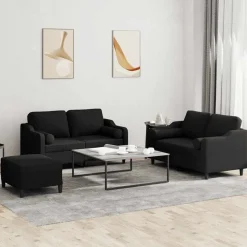 vidaXL Soffgrupp med kuddar 3 delar svart tyg